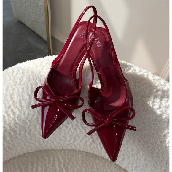 ZARA Patent Pointed Toe Slingback Heels NWT – Red Bow Pumps, Size 6.5–10 - Picture 8 of 16